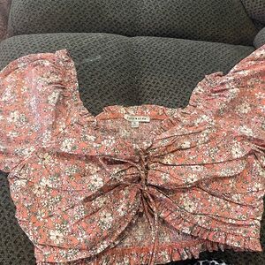 Pink Floral Cap Sleeve Ruched Blouse